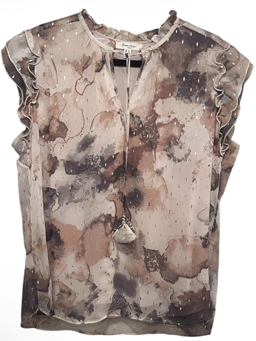 Haven + Blair XL Taupe Floral Ruffle Tie Neck Lined Blouse